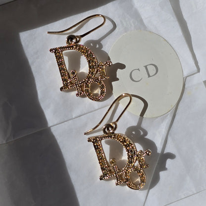 Authentic Christian Dior Vintage Crystal Logo Drop Earrings – Gold Tone