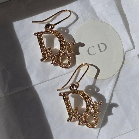 Authentic Christian Dior Vintage Crystal Logo Drop Earrings – Gold Tone