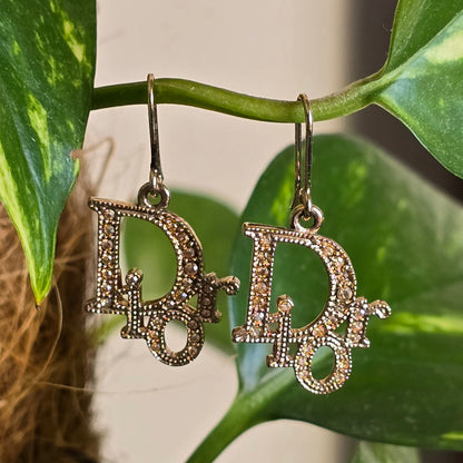 Authentic Christian Dior Vintage Crystal Logo Drop Earrings – Gold Tone