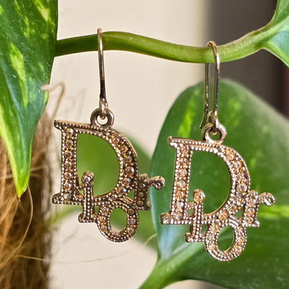 Authentic Christian Dior Vintage Crystal Logo Drop Earrings – Gold Tone
