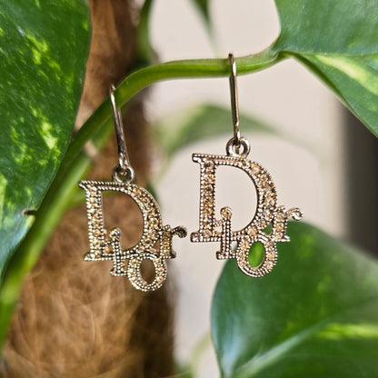 Authentic Christian Dior Vintage Crystal Logo Drop Earrings – Gold Tone