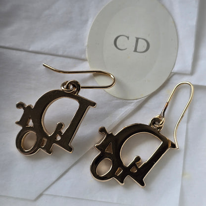 Authentic Christian Dior Vintage Crystal Logo Drop Earrings – Gold Tone