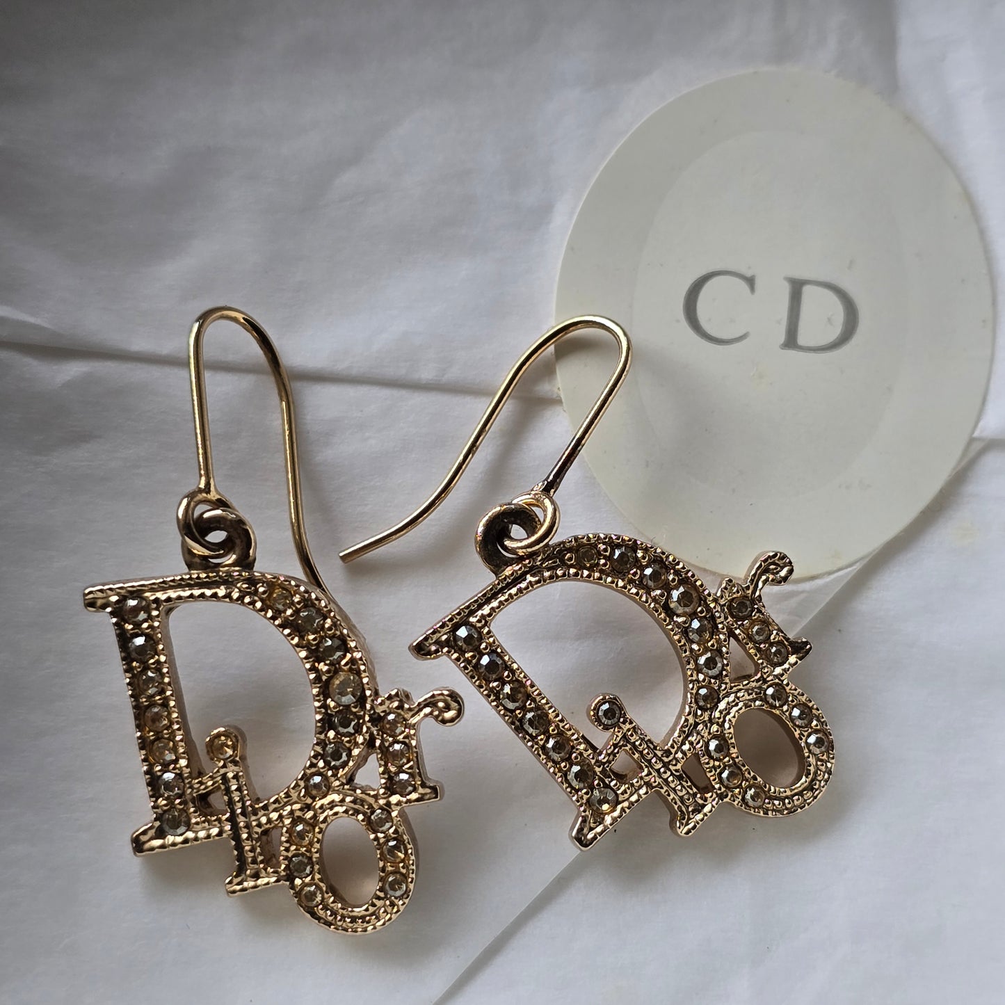 Authentic Christian Dior Vintage Crystal Logo Drop Earrings – Gold Tone