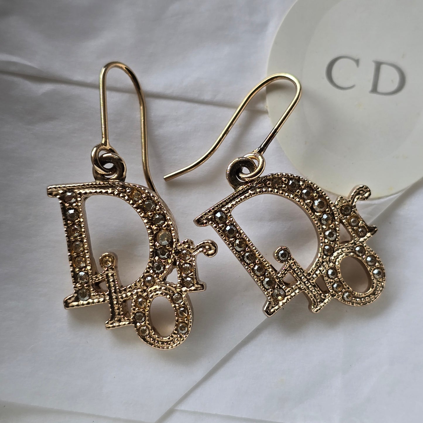Authentic Christian Dior Vintage Crystal Logo Drop Earrings – Gold Tone