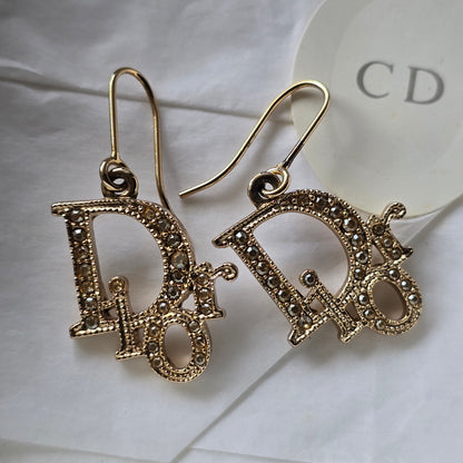 Authentic Christian Dior Vintage Crystal Logo Drop Earrings – Gold Tone